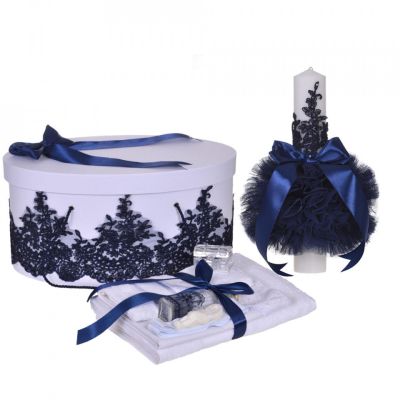 Set elegant trusou botez pentru baietel cu lumanare si cutie trusou cu dantela Bleumarin diafana Denikos® 954 NKO5383