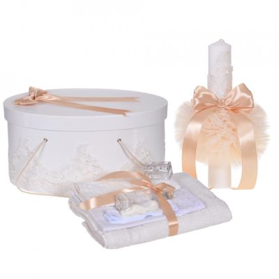 Pachet unisex elegant trusou botez, si cutie trusou cu lumanare, inclusa, dantela Crem diafana Denikos® 959 - NKO5388
