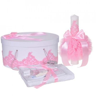 Set elegant trusou botez si cutie trusou cu lumanare Fetite Denikos® 953, dantela Roz diafana NKO5382