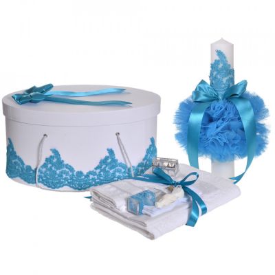 Set lumanare si trusou botez Baietel Denikos® 960 si cutie trusou cu dantela Turcoaz diafana - NKO5389