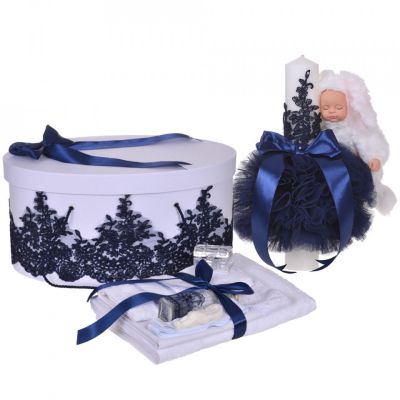 Set elegant trusou botez si cutie trusou pentru Baieti Denikos® 927 cu lumanare iepuras si dantela Bleumarin  - NKO5356