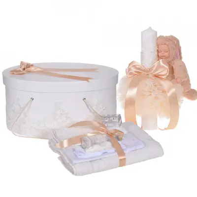 Set elegant trusou botez Unisex cu lumanare si cutie trusou cu dantela Crem Denikos&reg; 932 Unisex - NKO5361