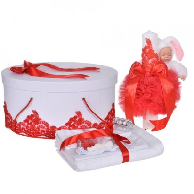 Set elegant trusou botez cu lumanare iepuras si cutie trusou cu dantela Rosie Denikos® 928 - NKO5357