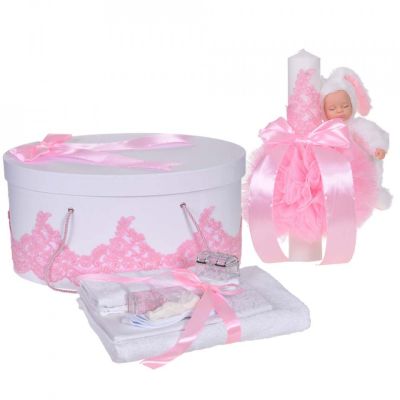 Set elegant trusou botez cutie trusou si lumanare iepuras Denikos® 926 dantela Roz pentru Fetite - NKO5355