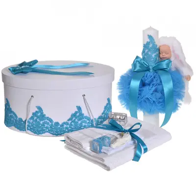 Pachet elegant cutie trusou botez cu trusou si lumanare Baietel Denikos&reg; 933 decor dantela Turcoaz - NKO5362
