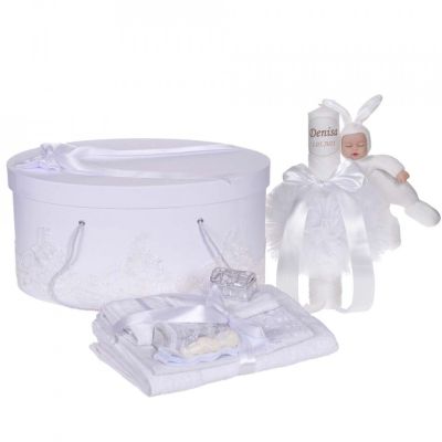 Trusou de botez plus cutie trusou si lumanare personalizata cu nume Denikos® 952 cu dantela Alba Unisex - NKO5381
