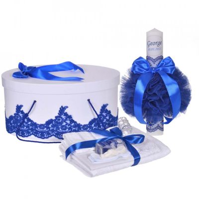 Pachet elegant trusou botez Baietei, cutie trusou si lumanare personalizata cu nume, dantela Albastra Denikos® 939 NKO5368