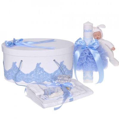 Pachet trusou botez si cutie trusou cu lumanare personalizata nume Baietel Denikos® 949 cu dantela Bleu, iepuras - NKO5378