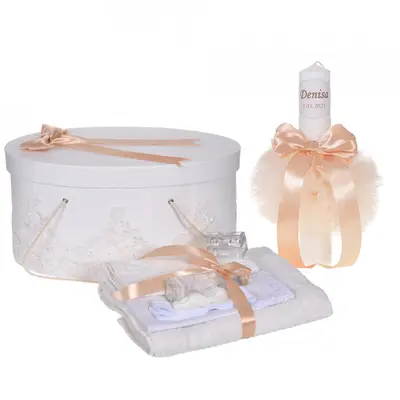 Set Trusou botez unisex si cutie trusou cu lumanare personalizata cu nume copil, dantela Crem Denikos&reg; 941 NKO5370