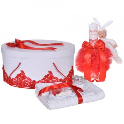 Ttrusou botez elegant si cutie trusou plus lumanare personalizata cu nume Fetita Denikos® 946 si iepuras dantela Rosie - NKO5375