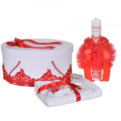 Trusou de botez plus cutie trusou si lumanare personalizata cu nume Fetita cu dantela Rosie Denikos® 937 NKO5366
