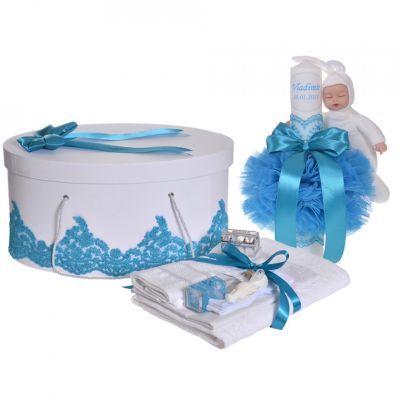 Set elegant cutie trusou si lumanare personalizata cu nume Baietel si trusou botez decor Turcoaz Denikos® 951 - NKO5380