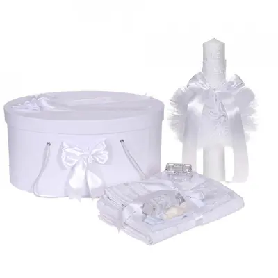 Pachet unisex cu trusou botez cutie trusou si lumanare decor elegant dantela Alba Denikos&reg; 925 NKO5354