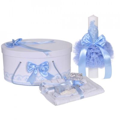 Lumanare botez si trusou botez pentru Baietel plus cutie trusou cu dantela Bleu Denikos® 922  NKO5351