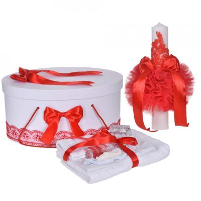 Trusou si lumanare botez pentru Fetite plus cutie trusou si lumanare Denikos® 919 cu dantela Rosie NKO5348