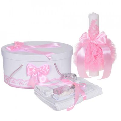Set Lumanare botez cu trusou botez si cutie trusou pentru Fetite Denikos® 917 cu dantela Roz  NKO5346