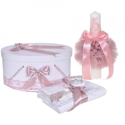 Pachet Lumanare si trusou botez Denikos® 920 pentru Fete si cutie trusou dantela Roz pudra  NKO5349