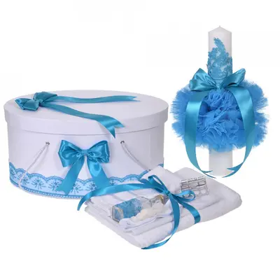 Set trusou botez si lumanare pentru Baiat Denikos&reg; 924 si cutie trusou cu dantela Turcoaz  NKO5353