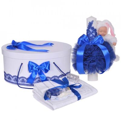 Pachet cutie si trusou de botez plus lumanare cu iepuras pentru Baietei cu decor Albastru Denikos® 894 - NKO5323