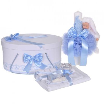 Set trusou de botez si lumanare iepuras si cutie trusou cu dantela Bleu Denikos® 895 pentru Baiat - NKO5324