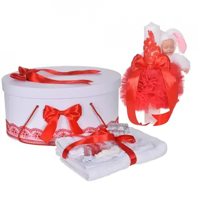 Set trusou de botez cu cutie si lumanare iepuras si dantela Rosie Denikos&reg; 892 pentru Fetite - NKO5321