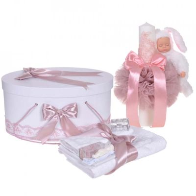 Pachet lumanare si trusou de botez cu cutie tursou iepuras si dantela Roz pentru Fetita Denikos® 893 - NKO5322
