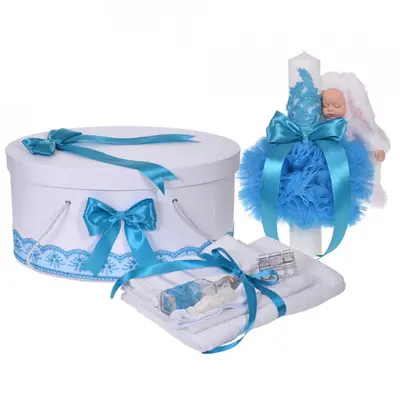 Pachet lumanare si trusou botez Baietel si cutie cu dantela si fundite Turcoaz Denikos&reg; 897 NKO5326