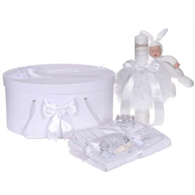 Set trusou botez Unisex, cutie trusou si lumanare personalizata cu nume copil Denikos® 916 decor alb cu iepuras - NKO5345