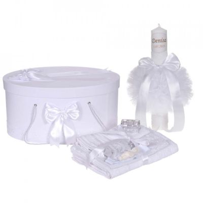 Set trusou botez unisex in cutie si lumanare personalizata cu nume copil Denikos® 907 NKO5336