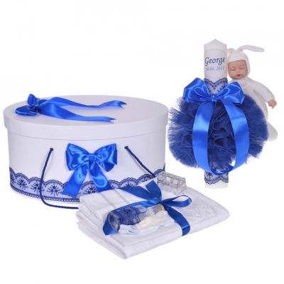 Pachet lumanare personalizata nume Baiat cu trusou de botez iepuras si cutie trusou decor Albastru Denikos® 912 NKO5341