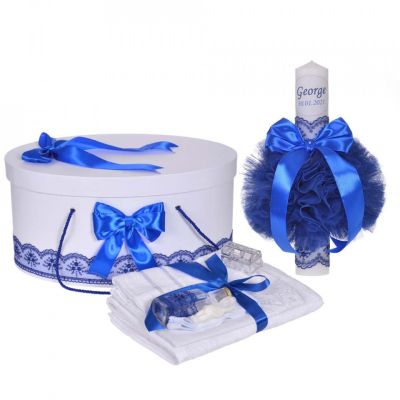 Set lumanare personalizata cu nume Baiat si trusou botez Denikos® 903 cu cutie decor Albastru NKO5332