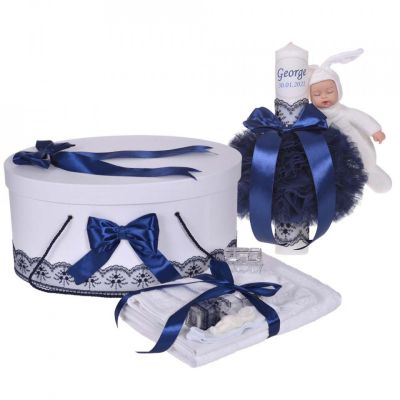 Set trusou botez si lumanare personalizata cu nume Baietel si cutie trusou decor Bleumarin cu iepuras Denikos® 909 NKO5338