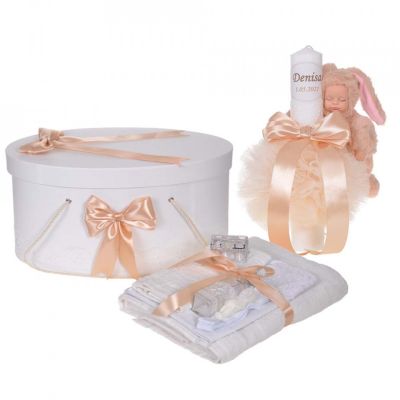 Set trusou botez Unisex cutie trusou si lumanare personalizata cu nume Denikos® 914 decor Crem iepuras - NKO5343