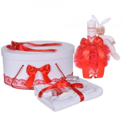 Pachet trusou botez cu lumanare personalizata cu nume Fata si cutie trusou decor Rosu cu iepuras Denikos® 910 NKO5339