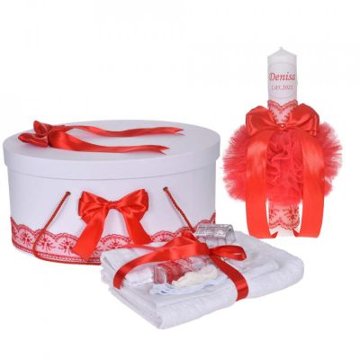 Pachet lumanare personalizata cu nume Fetita si trusou cu cutie botez decor Rosu Denikos® 901 NKO5330