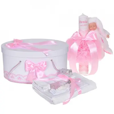 Set trusou botez si cutie trusou Denikos&reg; 908 si lumanare personalizata cu nume Fetita - NKO5337
