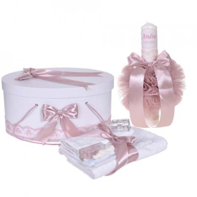 Pachet lumanare personalizata cu nume Fetita si Trusou botez cutie cu decor Roz pudra Denikos® 902 NKO5331