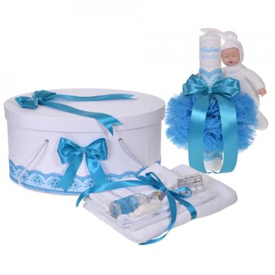 Trusou botez Baiat si cutie trusou plus lumanare personalizata cu nume si iepuras Denikos® 915 decor Turcoaz - NKO5344