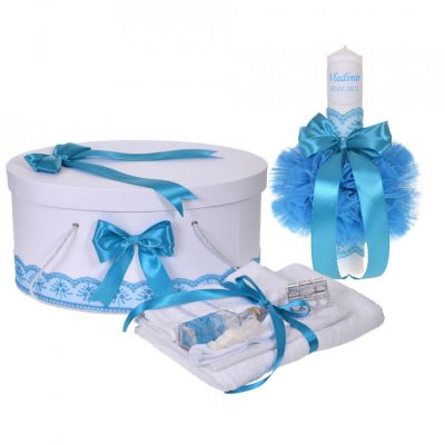 Pachet trusou botez Denikos® 906 cutie trusou si lumanare personalizata cu nume Baiat decor Turcoaz  NKO5335