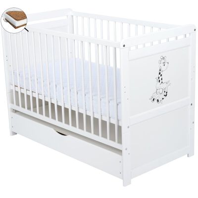 Babyneeds - Patut din lemn Nadia II Girafa 120x60 cm, multifunctional, cu sertar, Alb + Saltea 8 cm BYNBONAD2G8CM02AL