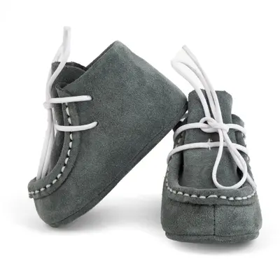 Botosei mocasini bebe din piele naturala Baby Fox Gri Deschis cu siret uni - FOX10312-71-1