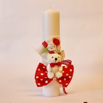 Lumanare botez cu funda rosie si buline albe pentru fetita LB100