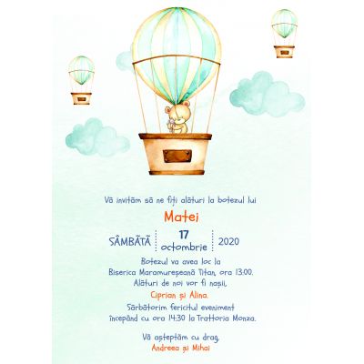 Invitatie de botez Balon de aer cald ursulet - SHYFL001