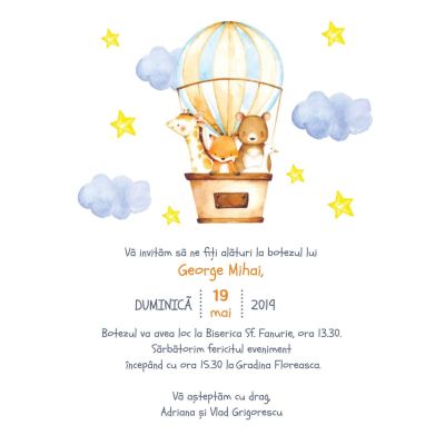 Invitatie de botez Balon de aer cald animalute - SHYFL010