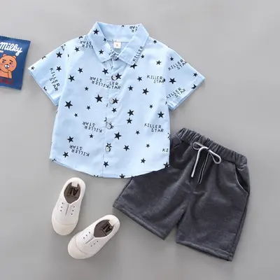 Costum cu camasuta bleu cu stelute LIHQ369-4