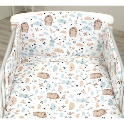 Set Lenjerie Din Bumbac Cu Protectie Laterala Pentru Pat Bebe 120 X 60 Cm, Iepuras Blue, Amy Pjb69679