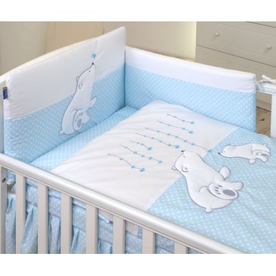 Amy - Lenjerie 4 Piese Cu Protectie Laterala Bear Heart Din Bumbac, 120x60 Cm, Blue Pjb68837