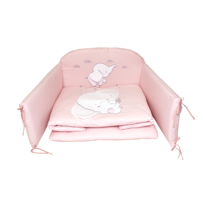Amy - Lenjerie 3 Piese Cu Protectie Laterala Elefant Din Bumbac, 120x60 Cm, Roz Pjb81334