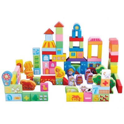 Blocuri de lemn educationale ecotoys 100 de piese ferma edeedisr19004