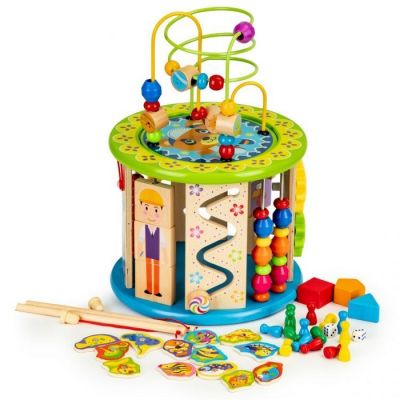 Cub educational din lemn cu jocuri, blocuri si pescuit ecotoys hm175920 edeedihm175920